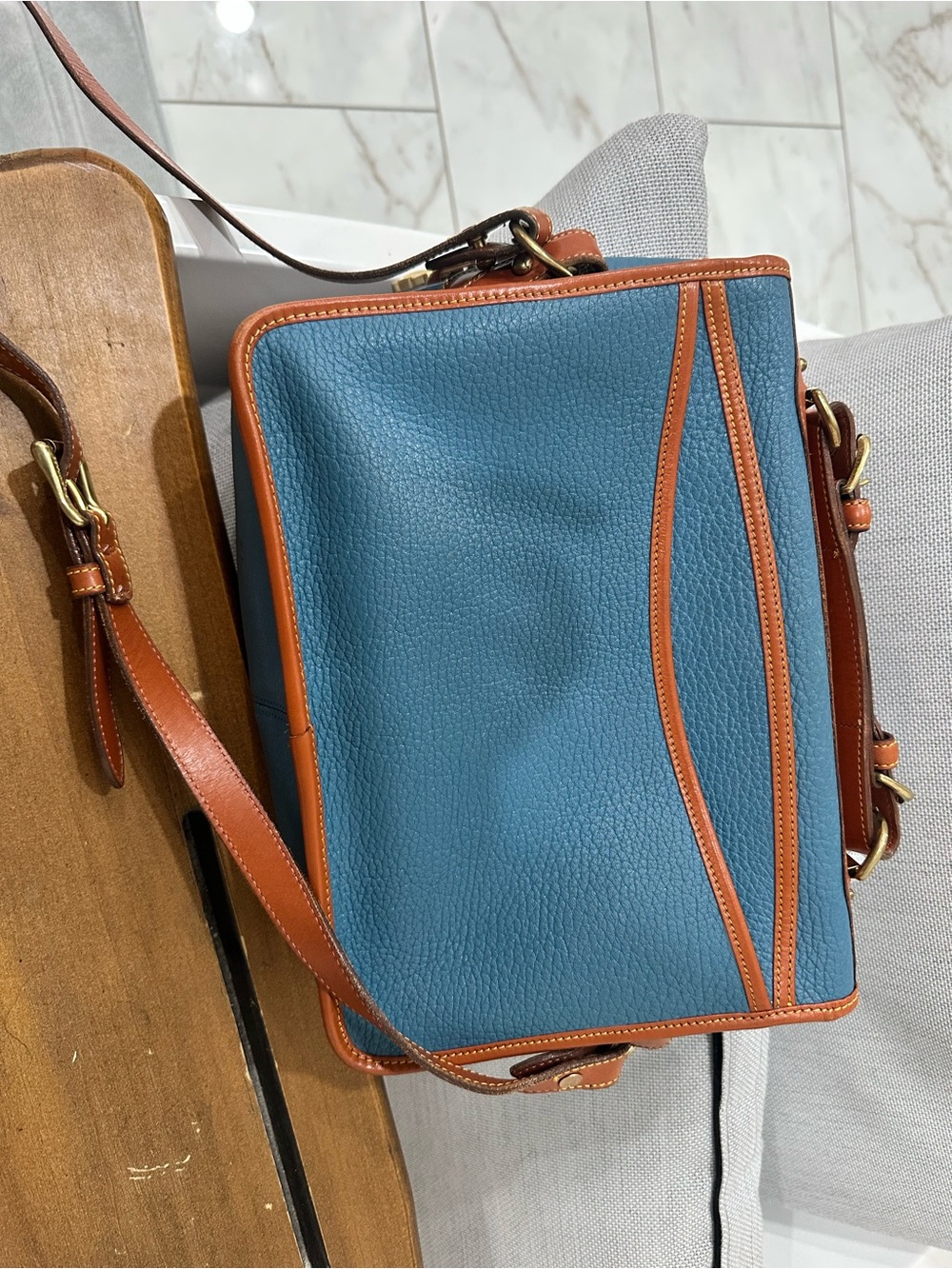 Dooney & Bourke Blue and Brown Vintage Leather Satchel - Picture 2 of 7